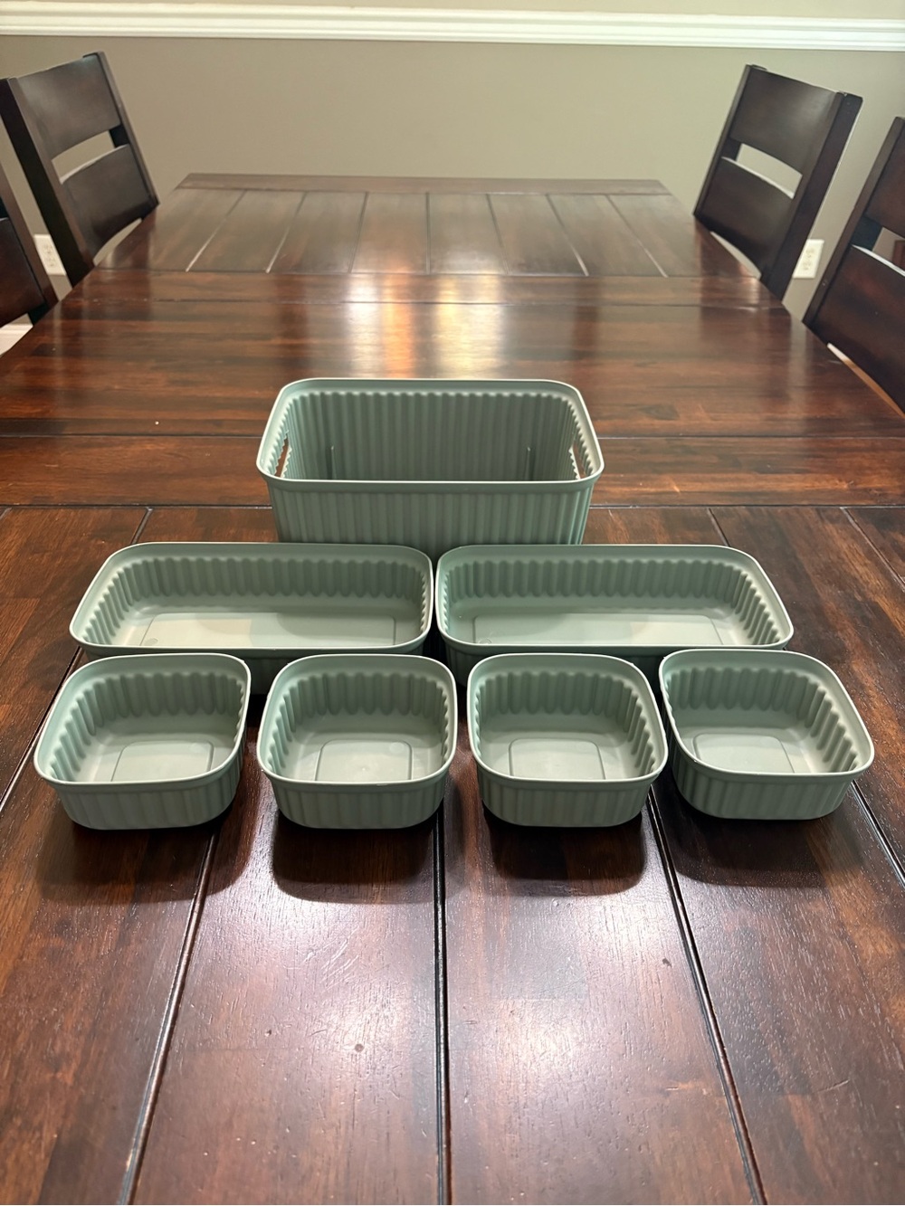 Set of 7 sage green plastic storage containers (new w/out tags)